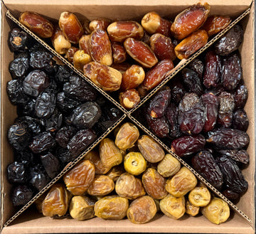 2kg Madinah mixed dates gift box open showing four varieties