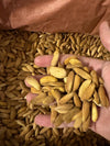 Handful of raw Afghan Mamra almonds showing natural kernel size, fresh from the bulk sack — Ghafori Foods