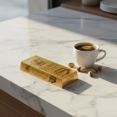 Barlo Dubai Chocolate with Pistachio 100g box on a marble counter beside an espresso and pistachios — Ghafori Foods