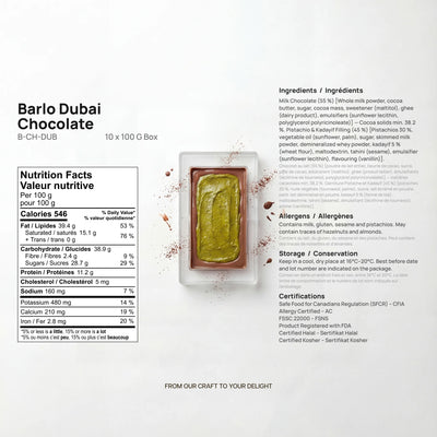 Barlo Dubai Chocolate product sheet from the importer: ingredients, allergens, nutrition facts per 100g, storage and certifications — Ghafori Foods