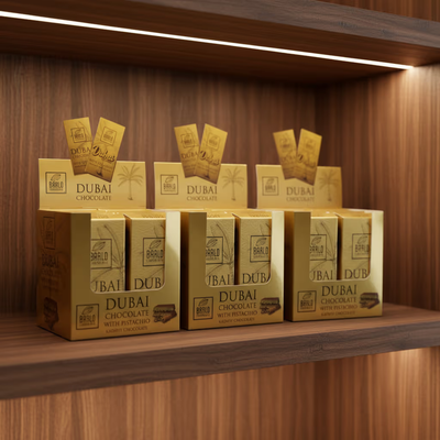 Barlo Dubai Chocolate retail display boxes of 10 bars on a wooden shop shelf — Ghafori Foods