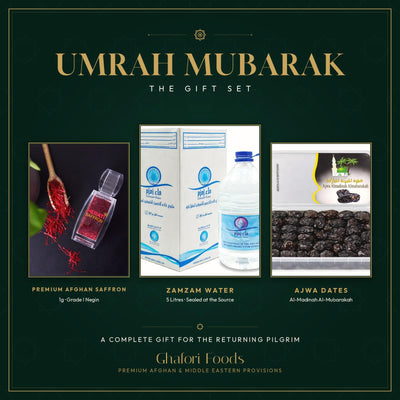 Umrah Mubarak gift set — sealed 5L Zamzam water, Ajwa dates from Madinah and Grade I Negin Afghan saffron from Ghafori Foods